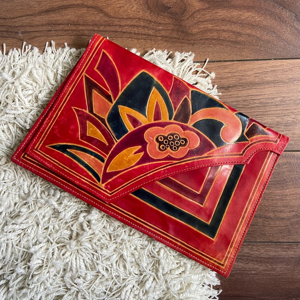 Vintage 1970s Handmade Leather Multicolour Bohemian Clutch
